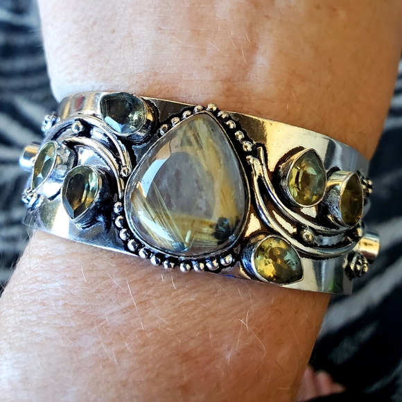 New Golden Rutile and Citrine 925 Silver Cuff Bracelet. - Picture 5 of 16